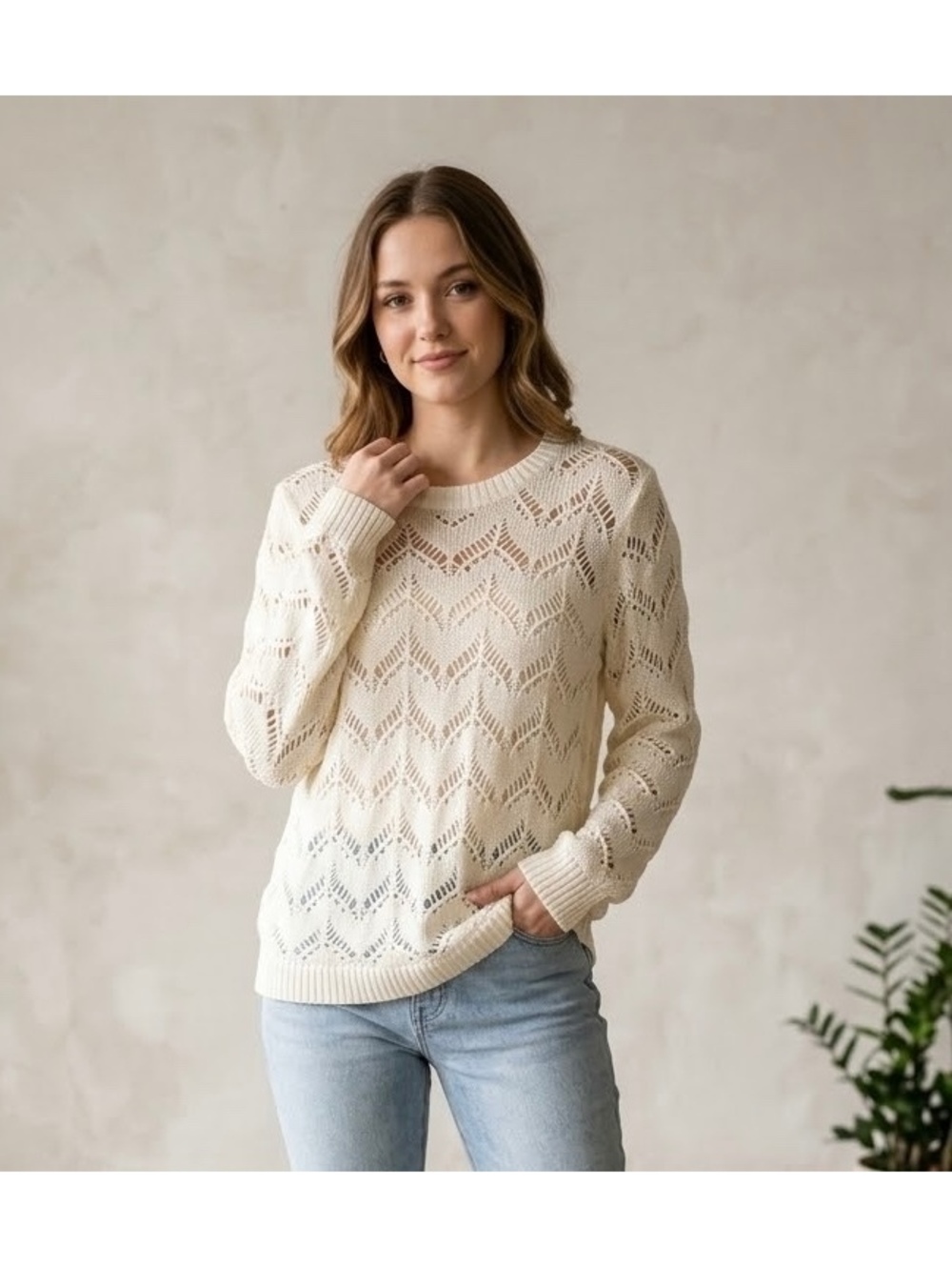 Breeze Ever Cream Open Knit Pullover Sweater Size L